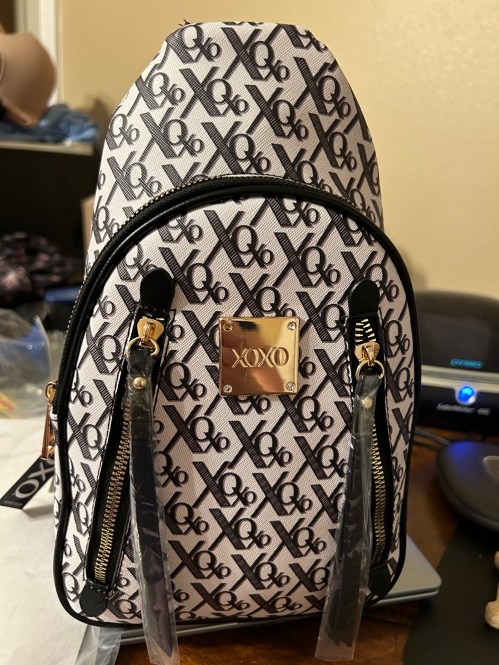 XOXO Black & White Monogram Mini Sling Bag with Gold Hardware